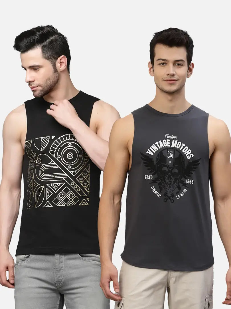 Trendy Men Cotton Printed  Sleeveless T-Shirts Vest Pack of 2