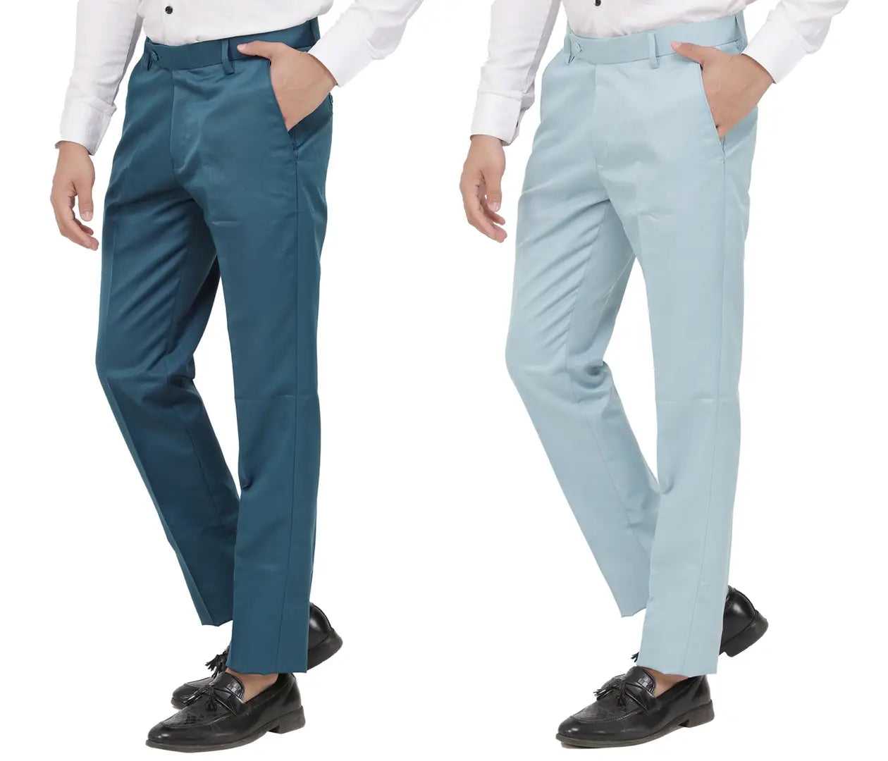 Kundan Men Poly-Viscose Blended Morpich Blue and Light Sky Blue Formal Trousers ( Pack of 2 Trousers )