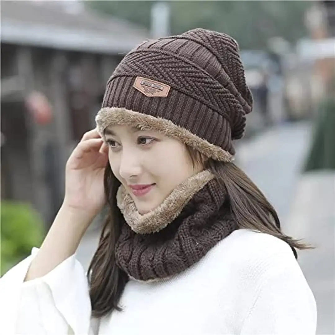 UPAREL Ultra Soft Unisex Warm Winter Woolen Beanie Cap with Neck Muffler Scarf Set (Brown)