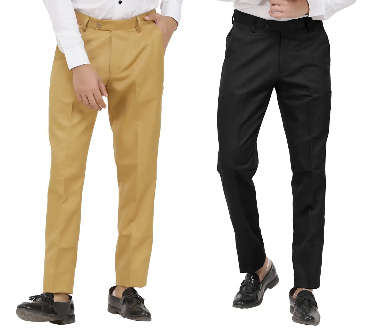 Kundan Men Poly-Viscose Blended Khaki and Black Formal Trousers ( Pack of 2 Trousers )