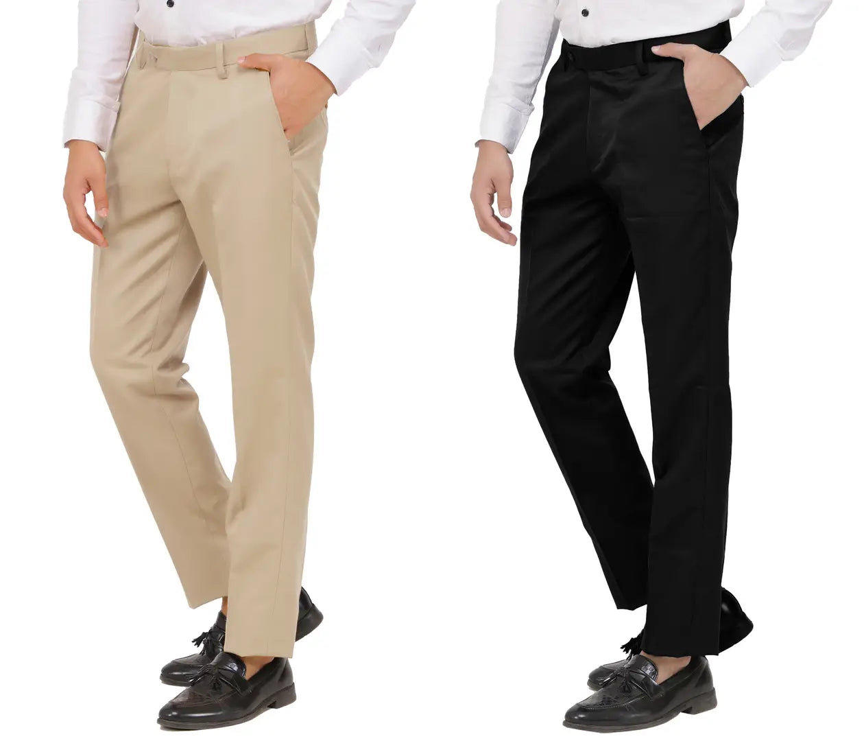 Kundan Men Poly-Viscose Blended Beige and Black Formal Trousers ( Pack of 2 Trousers )
