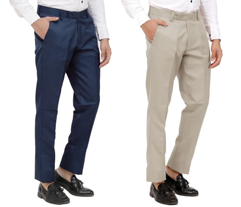 Kundan Men Poly-Viscose Blended Navy Blue and Light Cot Brown Formal Trousers ( Pack of 2 Trousers )