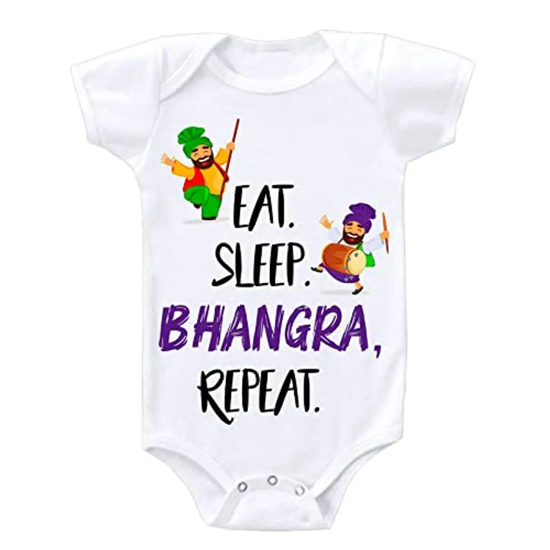 KNITROOT Baby Unisex Bodysuit For Infant Half Sleeve White Color Eat Sleep Bhangra Repeat