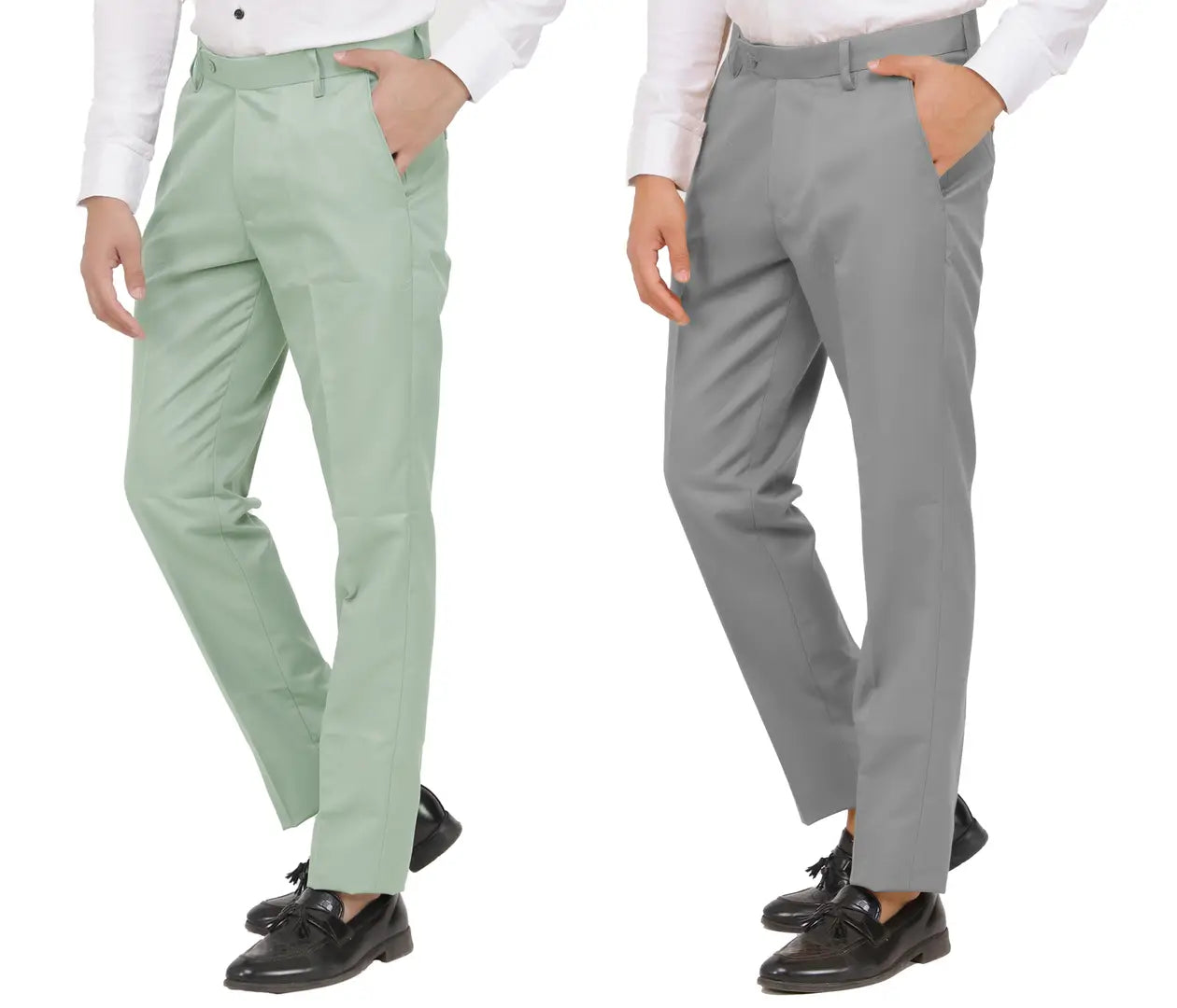 Kundan Men Poly-Viscose Blended Olive Green and Light Cot Grey Formal Trousers ( Pack of 2 Trousers )