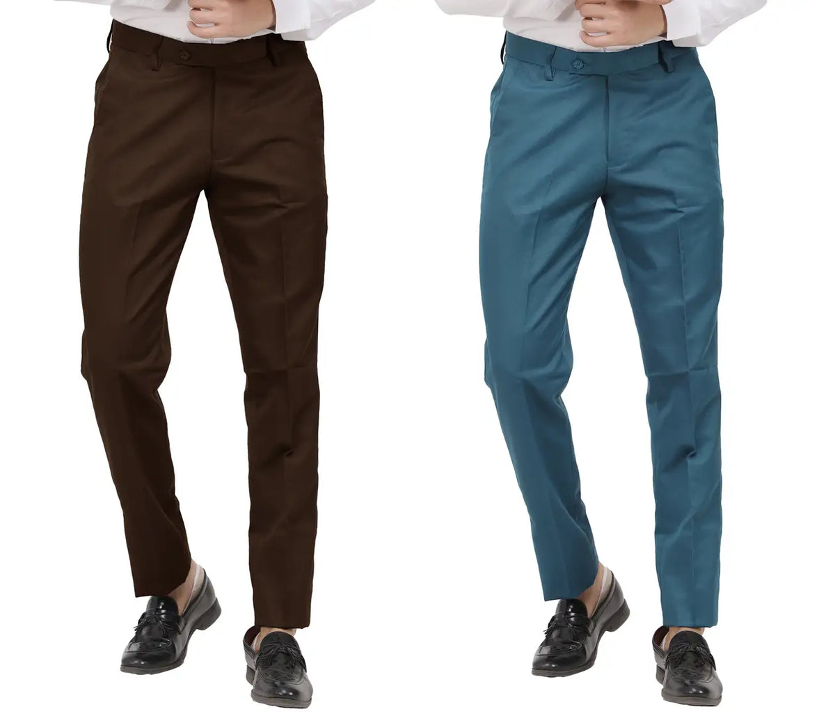 Kundan Men Poly-Viscose Blended Dark Brown and Morpich Blue Formal Trousers ( Pack of 2 Trousers )