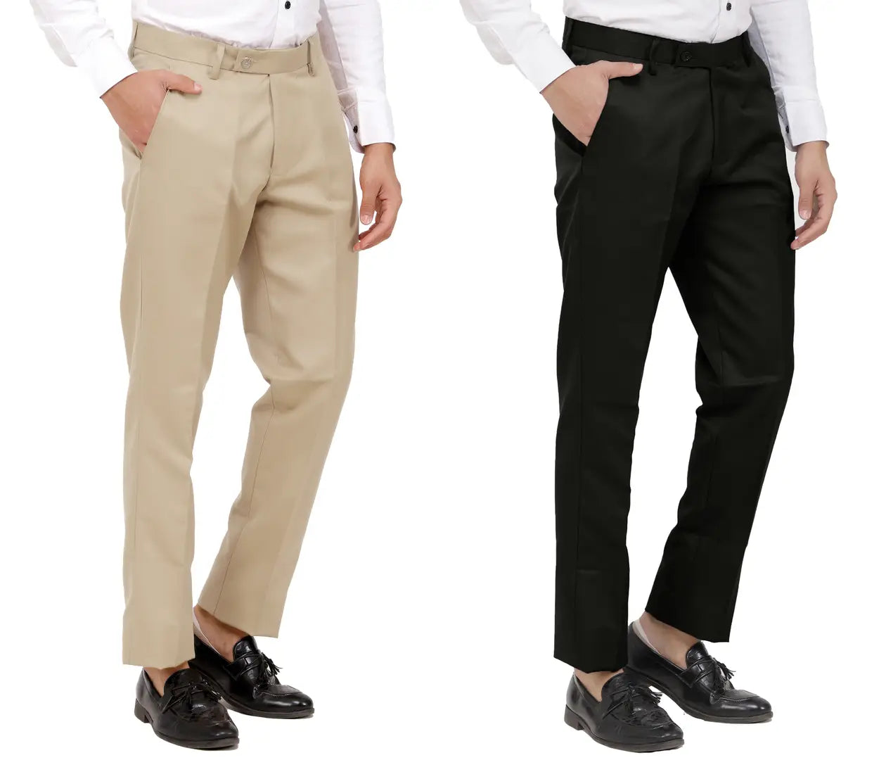 Kundan Men Poly-Viscose Blended Beige and Black Formal Trousers ( Pack of 2 Trousers )