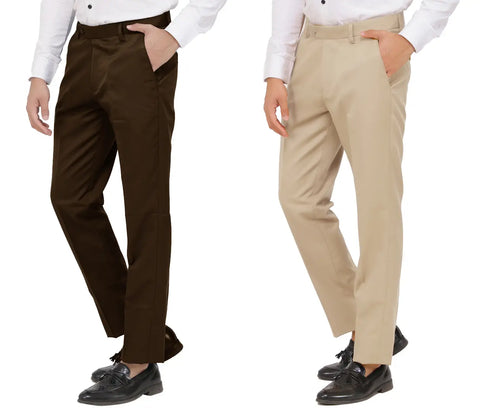 Kundan Men Poly-Viscose Blended Dark Brown and Beige Formal Trousers ( Pack of 2 Trousers )
