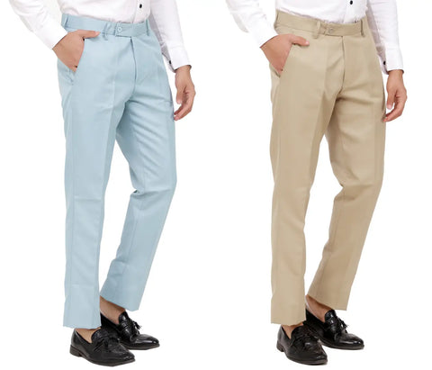 Kundan Men Poly-Viscose Blended Light Sky Blue and Beige Formal Trousers ( Pack of 2 Trousers )