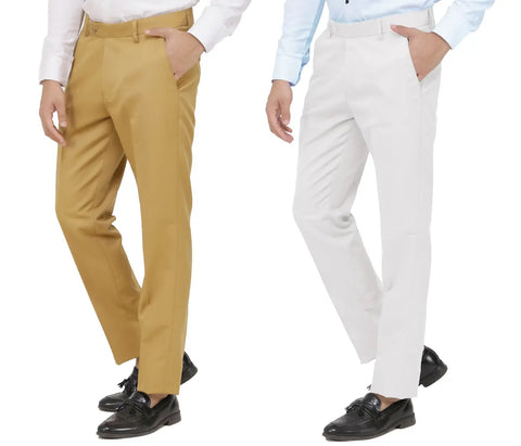 Kundan Men Poly-Viscose Blended Khaki and White Formal Trousers ( Pack of 2 Trousers )