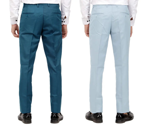 Kundan Men Poly-Viscose Blended Morpich Blue and Light Sky Blue Formal Trousers ( Pack of 2 Trousers )