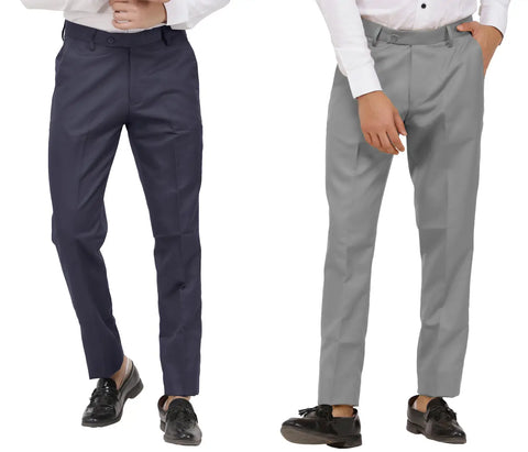 Kundan Men Poly-Viscose Blended Dark Grey and Light Cot Grey Formal Trousers ( Pack of 2 Trousers )