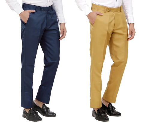 Kundan Men Poly-Viscose Blended Navy Blue and Khaki Formal Trousers ( Pack of 2 Trousers )