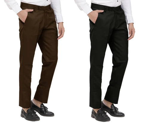 Kundan Men Poly-Viscose Blended Dark Brown and Black Formal Trousers ( Pack of 2 Trousers )