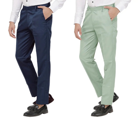 Kundan Men Poly-Viscose Blended Navy Blue and Olive Green Formal Trousers ( Pack of 2 Trousers )