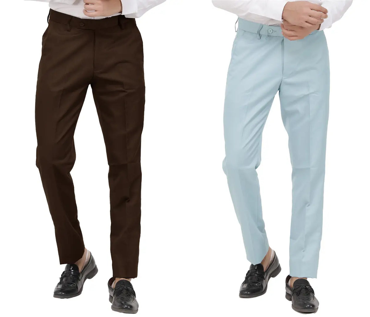 Kundan Men Poly-Viscose Blended Dark Brown and Light Sky Blue Formal Trousers ( Pack of 2 Trousers )