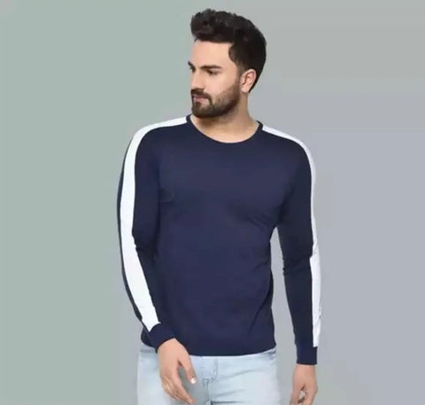 Reliable Navy Blue Cotton Blend Self Pattern Round Neck Tees For Men