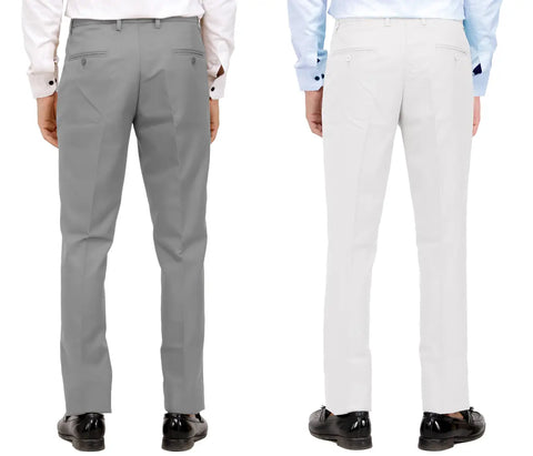 Kundan Men Poly-Viscose Blended Light Cot Grey and White Formal Trousers ( Pack of 2 Trousers )