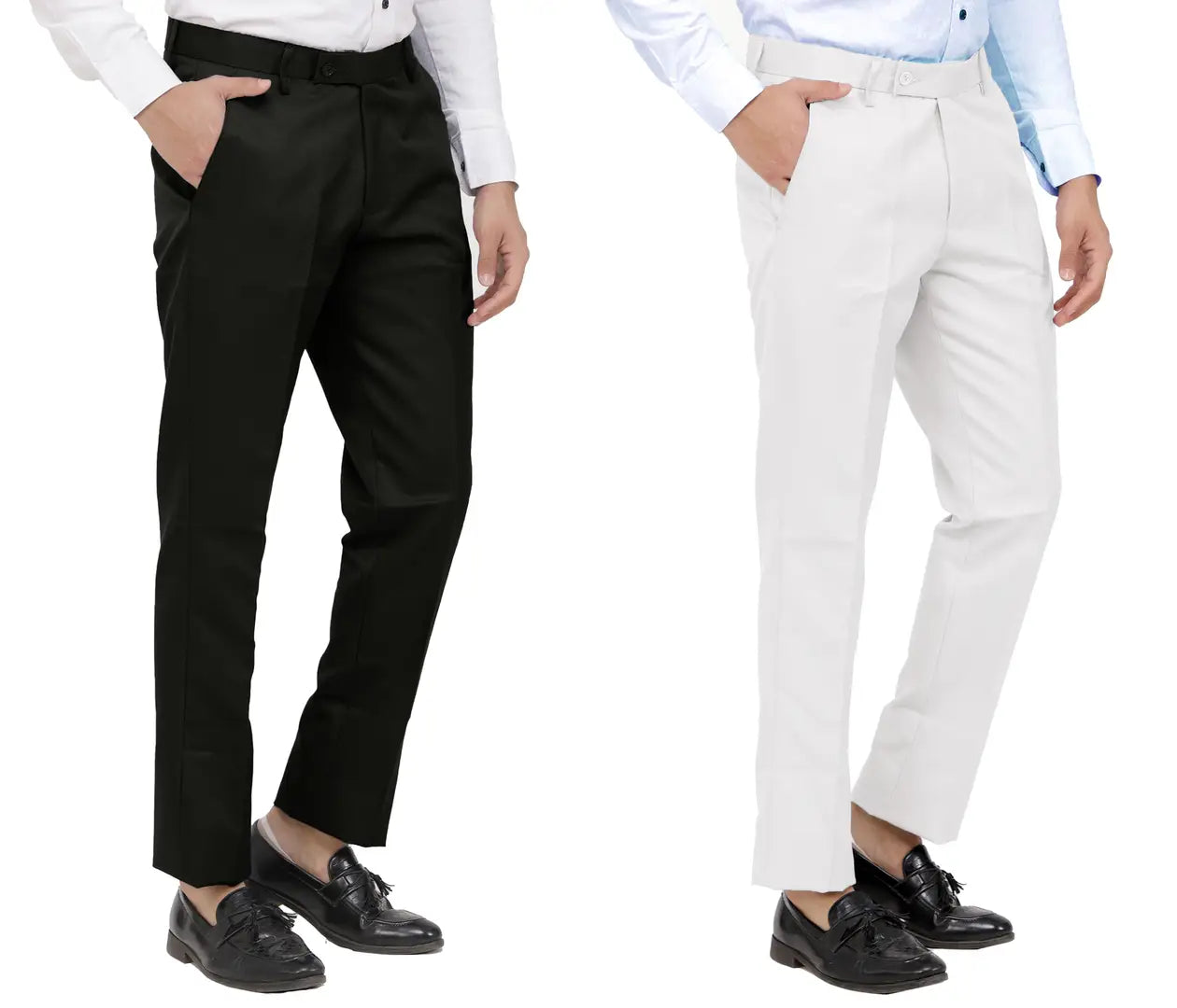Kundan Men Poly-Viscose Blended Black and White Formal Trousers ( Pack of 2 Trousers )