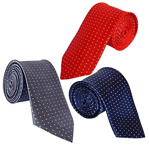 Sunshopping men's grey red and navy blue color with white doted narrow Tie (pack of three) (Grey Red And Navy blue)