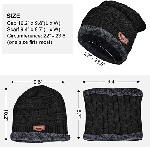 New Latest Winter Knit Thick Fleece Woolen Combo of Beanie Winter Cap Hat and Faux Fur Lining Wool Neck Muffler Scarf in Black for All Girls Boys Men Wome Pack of 1 set , Random Color