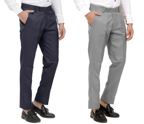 Kundan Men Poly-Viscose Blended Dark Grey and Light Cot Grey Formal Trousers ( Pack of 2 Trousers )