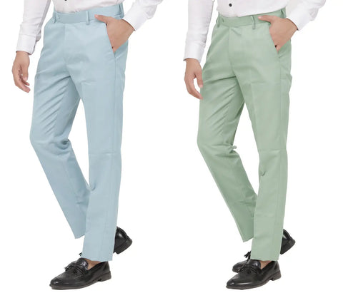 Kundan Men Poly-Viscose Blended Light Sky Blue and Olive Green Formal Trousers ( Pack of 2 Trousers )
