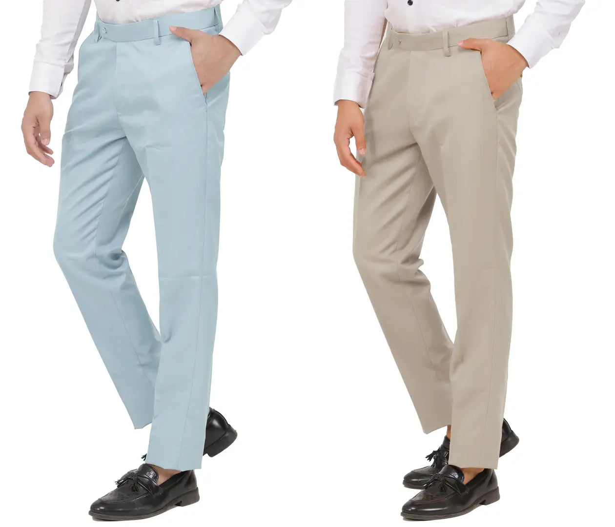 Kundan Men Poly-Viscose Blended Light Sky Blue and Light Cot Brown Formal Trousers ( Pack of 2 Trousers )