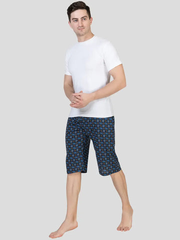Zeffit Pure Cotton Printed Regular Fit Three Fourths|Everyday 3/4 Capri  For Mens - Sky