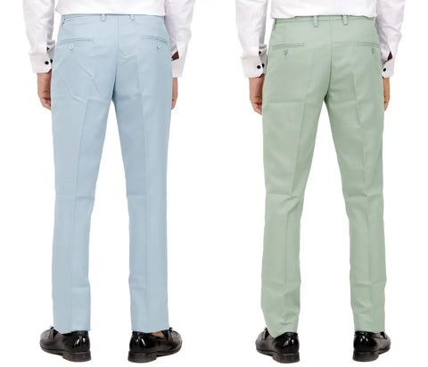 Kundan Men Poly-Viscose Blended Light Sky Blue and Olive Green Formal Trousers ( Pack of 2 Trousers )