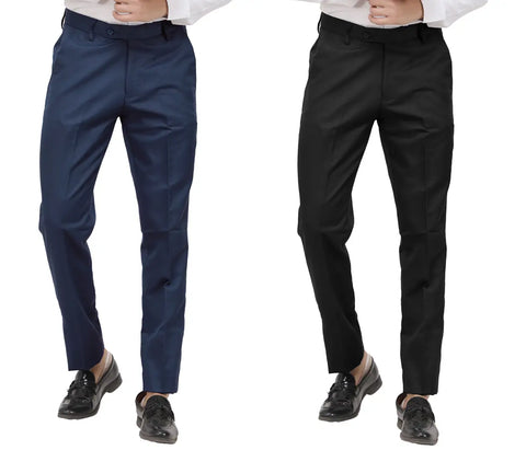 Kundan Men Poly-Viscose Blended Navy Blue and Black Formal Trousers ( Pack of 2 Trousers )
