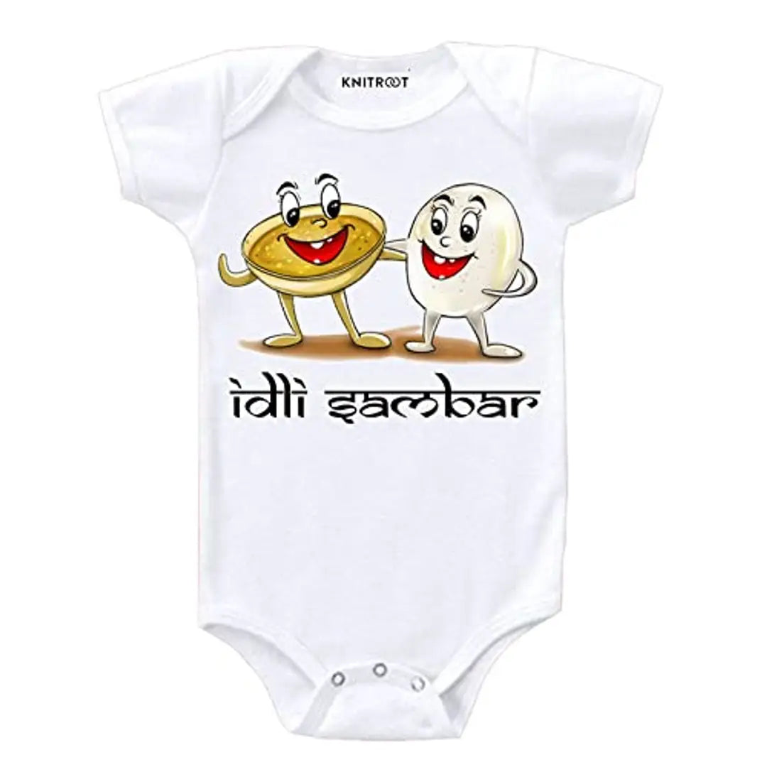 KNITROOT Baby Unisex Bodysuit For Infant Half Sleeve White Color Idli Sambar