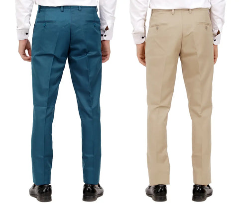 Kundan Men Poly-Viscose Blended Morpich Blue and Beige Formal Trousers ( Pack of 2 Trousers )