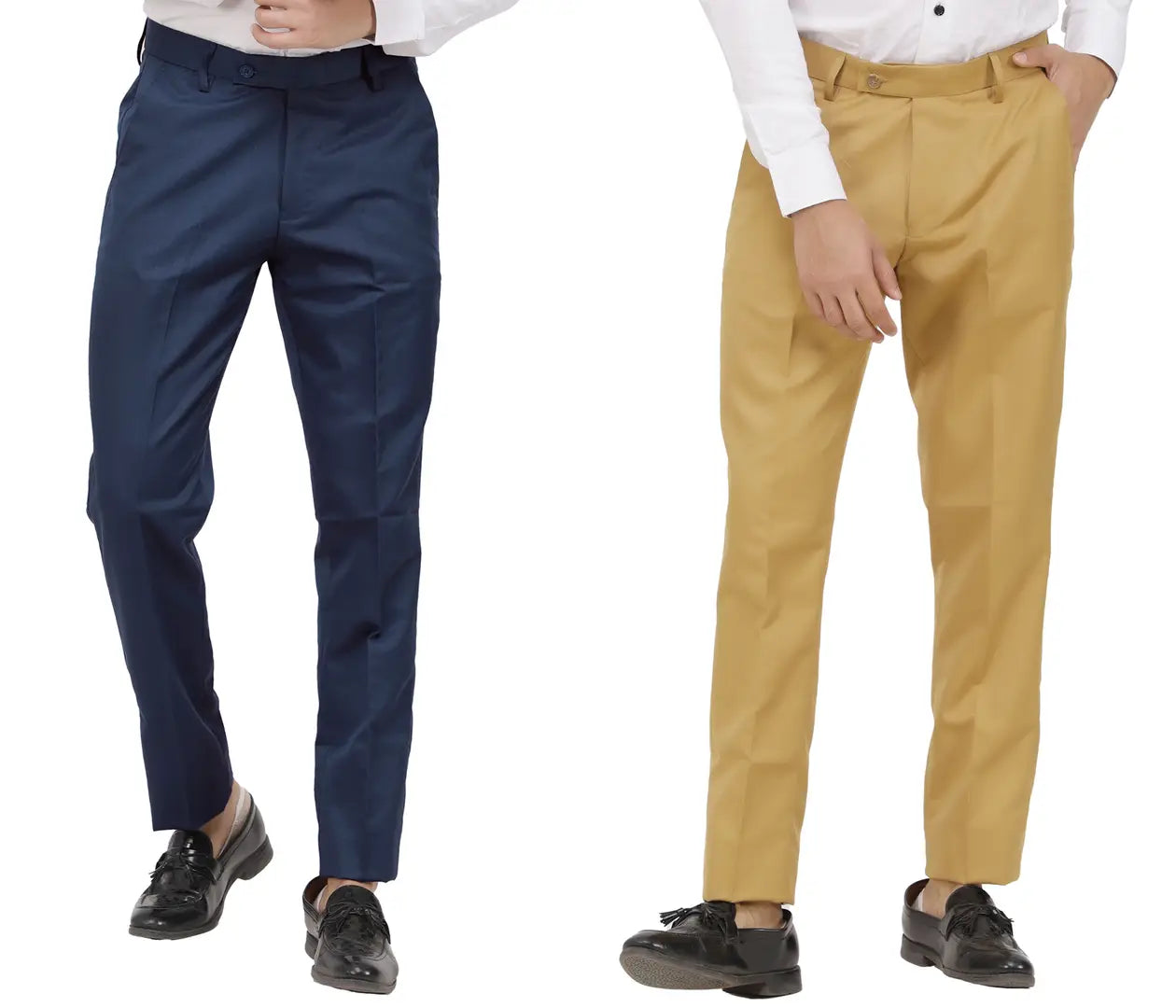 Kundan Men Poly-Viscose Blended Navy Blue and Khaki Formal Trousers ( Pack of 2 Trousers )