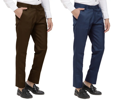 Kundan Men Poly-Viscose Blended Dark Brown and Navy Blue Formal Trousers ( Pack of 2 Trousers )