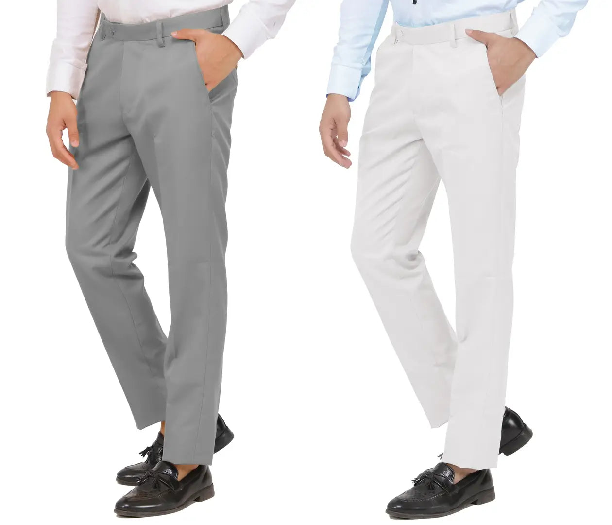 Kundan Men Poly-Viscose Blended Light Cot Grey and White Formal Trousers ( Pack of 2 Trousers )