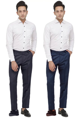 Kundan Men Poly-Viscose Blended Dark Grey and Navy Blue Formal Trousers ( Pack of 2 Trousers )