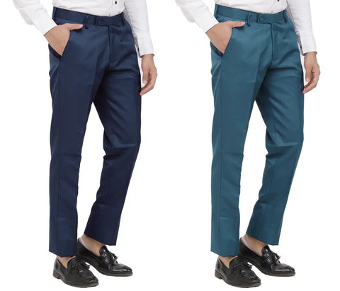 Kundan Men Poly-Viscose Blended Navy Blue and Morpich Blue Formal Trousers ( Pack of 2 Trousers )