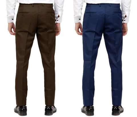 Kundan Men Poly-Viscose Blended Dark Brown and Navy Blue Formal Trousers ( Pack of 2 Trousers )