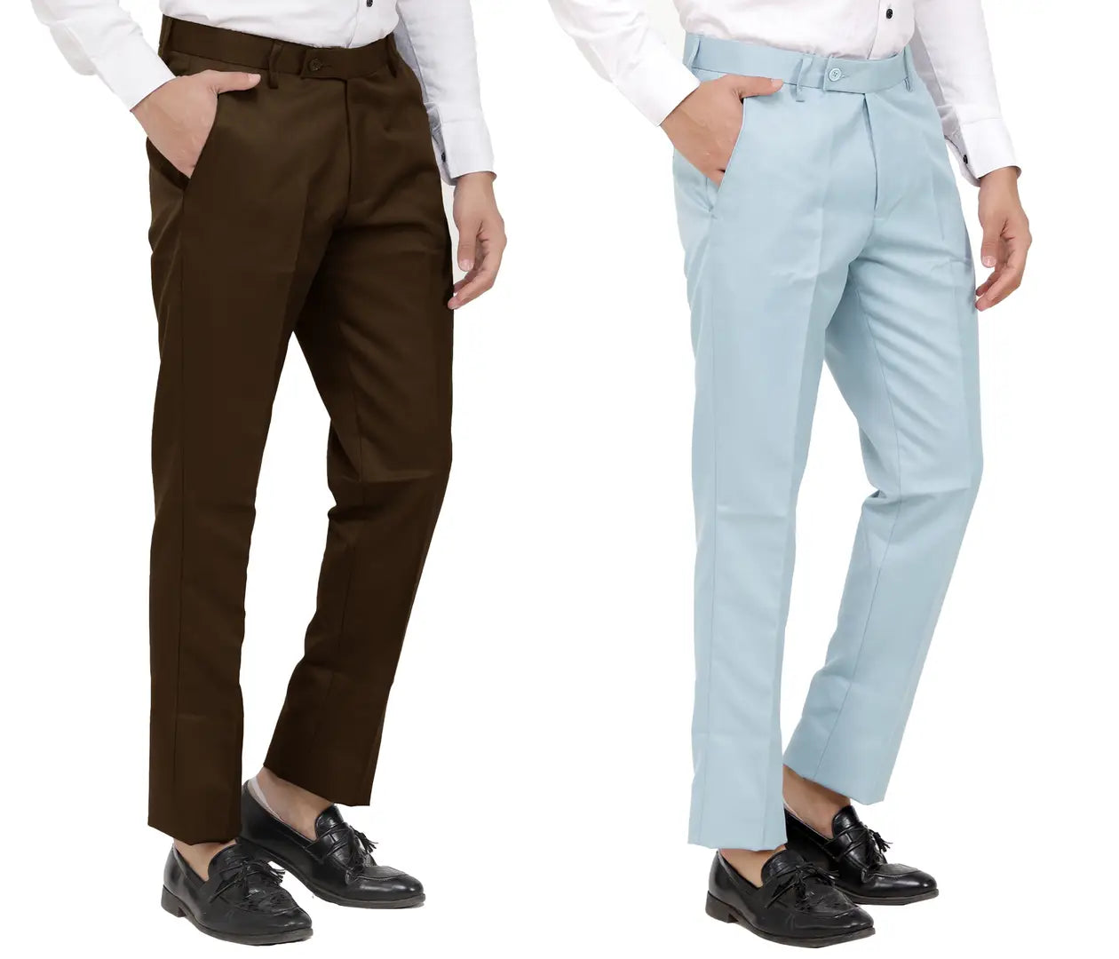 Kundan Men Poly-Viscose Blended Dark Brown and Light Sky Blue Formal Trousers ( Pack of 2 Trousers )